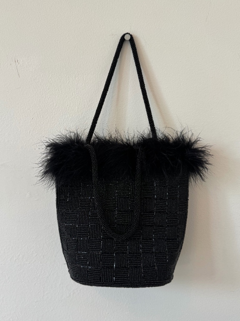 Vintage Black Beaded Feather Trim Mini Tote Bag